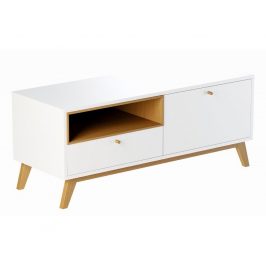 Bílý TV stolek FormWood Thia s dubovou podnoží 120 x 45 cm