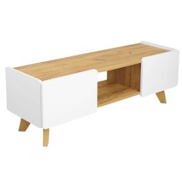 Bílý TV stolek Skandica Lett s dubovou podnoží 135 x 40 cm