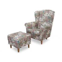 Křeslo ušák ASTRID s taburetem, látka patchwork Viorica 1