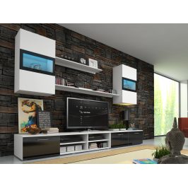 Obývací stěna OMEGA s LED osvětlením, bílá/černý lesk