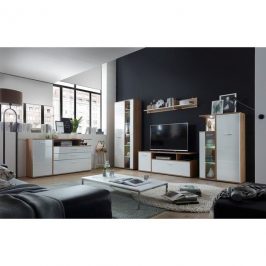 Sconto Obývací stěna EVER dub artisan/bílá vysoký lesk